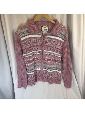 Vintage Tiara International Cardigan Sz M Pink Fair Isle Sweater Nordic Zip